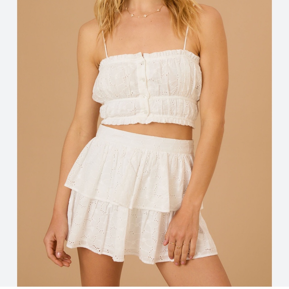 Altar'd State White Eyelet Crop Top & Tiered Mini Skirt Set